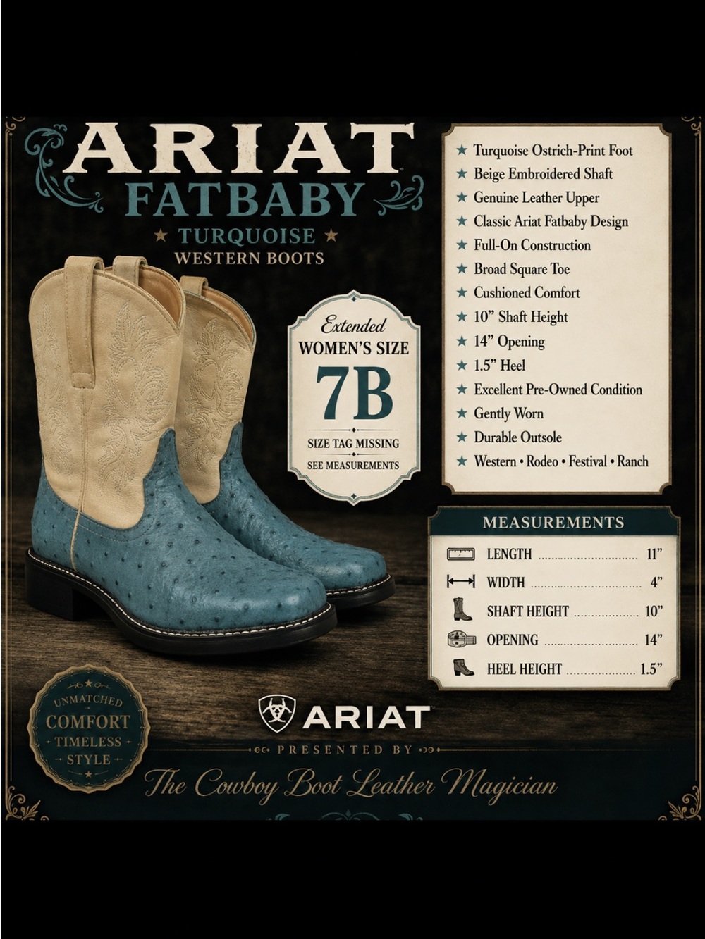 Ariat Fatbaby Turquoise Ostrich Leather Cowboy Boots Women’s 7B Beige Emb